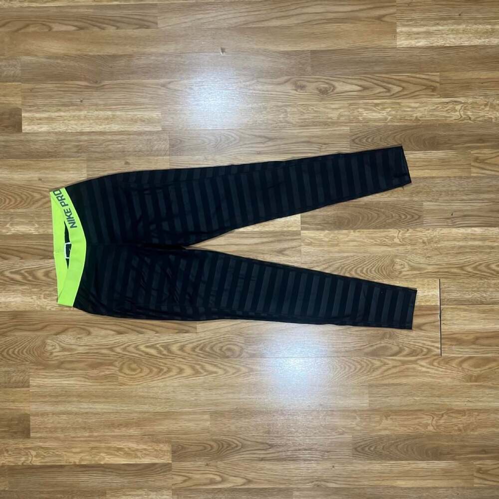 Nike Pro Dri-FIT Striped Full Length Leggings Black Lime Green